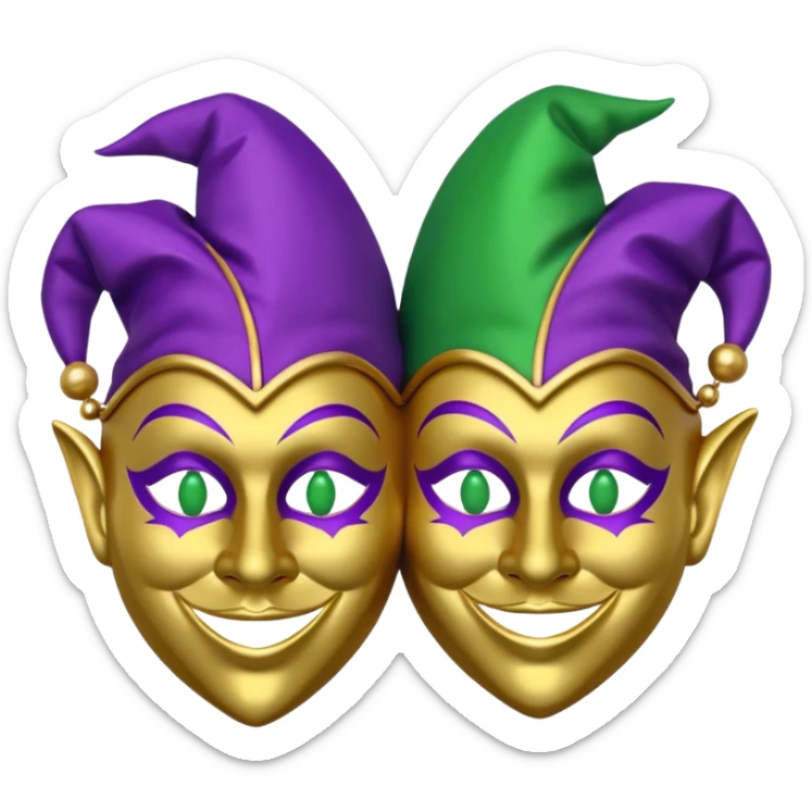 2 jesters masks for mardi gras in purple gold and green like the apple emoji sticker