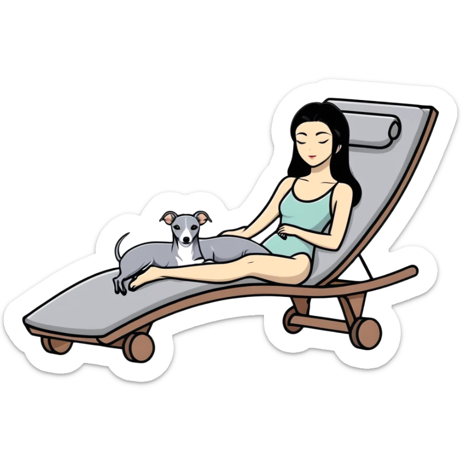 Very thin Chinese woman with long black hair relaxing on a spa lounger with exactly ONE Italian greyhound that is COMPLETELY solid grey - IMPORTANT: the dog must be ENTIRELY ONE UNIFORM GREY COLOR with ABSOLUTELY NO WHITE MARKINGS ANYWHERE - no white on face, no white on chest, no white on paws, nothing but pure grey throughout the entire dog sticker