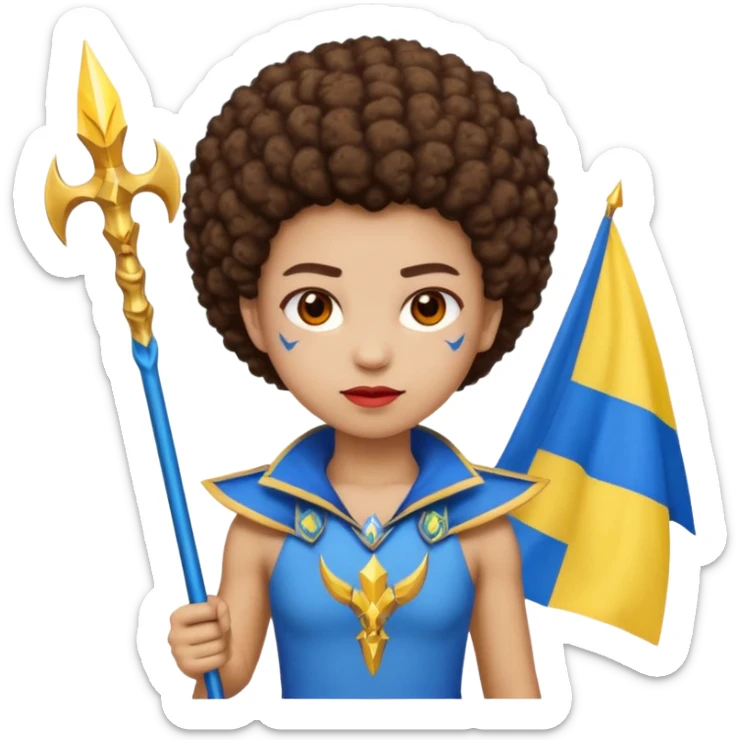 Emoji metisse femboy mais plus masculin avec drapeau ukrainien arriere plan, un afro, sourcils rouge, fourche trident, et eclairs et sur fond bleu clair irrisé. Peau lightskin, yeux marron et cheveux marron bouclés mais en mode afro pixi cut sticker