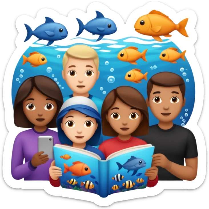 des gens qui lisent un panneau afin d'en apprendre plus sur la vie marine  sticker