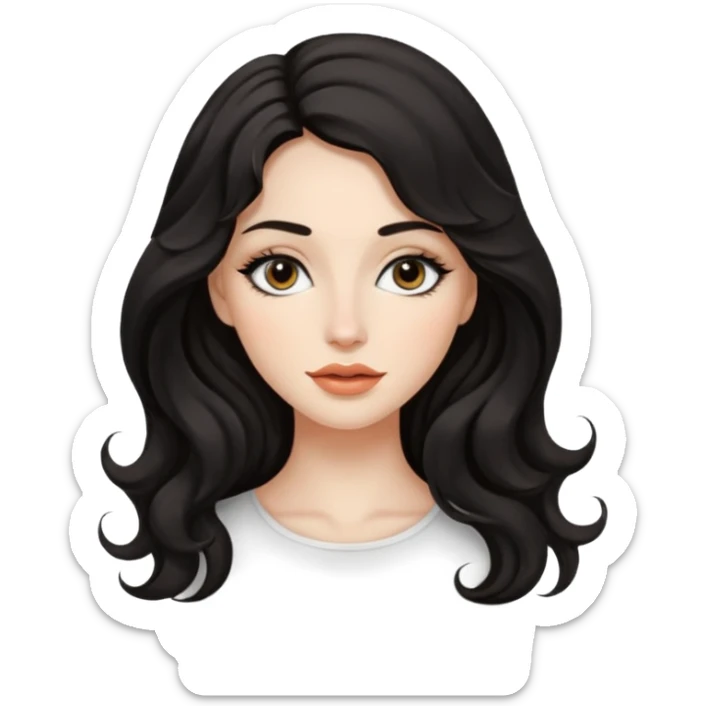 persona mujer con piel clara y ondas color negro y largos  y sin volumen y con delineador en los ojos y con los labios medianos, ojos almendrados y nariz respringada y el fondo blanco  sticker