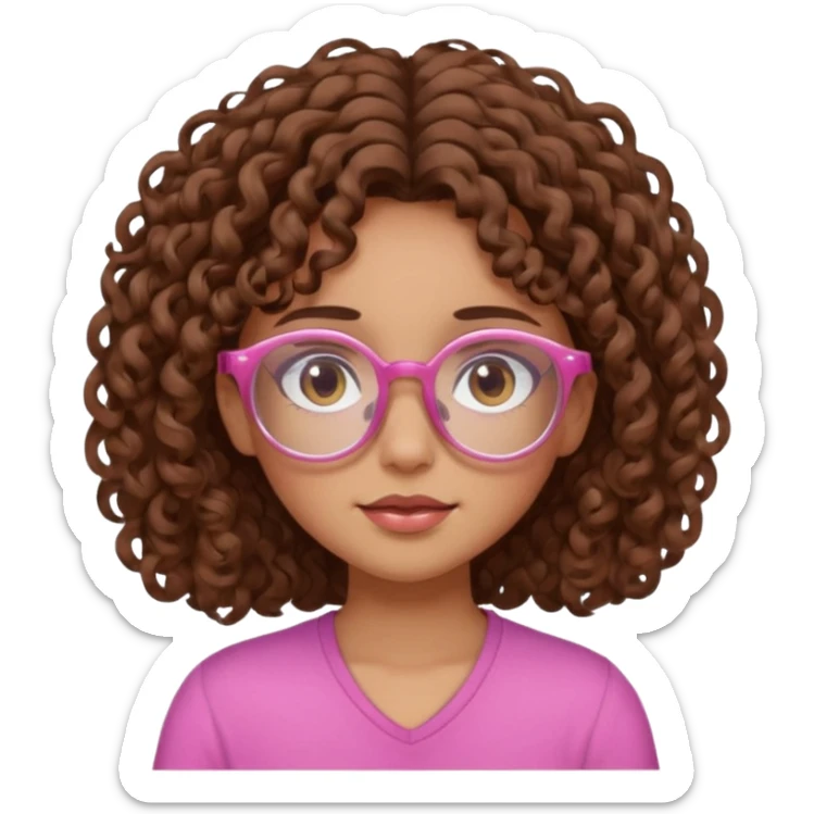 Curly brown haired girl with brown eyes, transparent-pink glasses frames, sleepy, slightly tan skin sticker