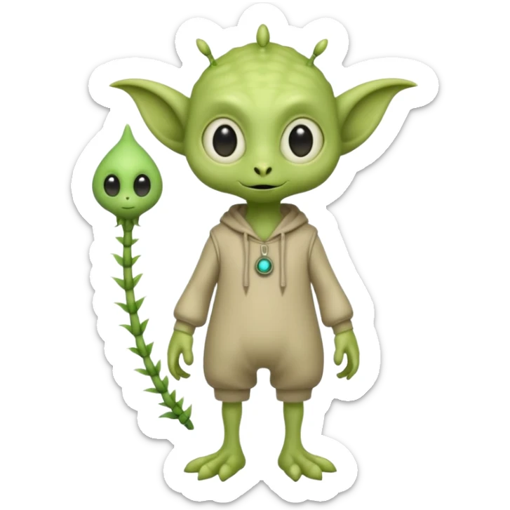 full body cute roughly humanoid peacefull alien furry with 2 legs and eye stalks stands upright and looks intelligent ...wears clothing. not green..looks happy and cudly... has 3 eyes...the alien has 3 eyes....it has an extra eye on a stalk sticker