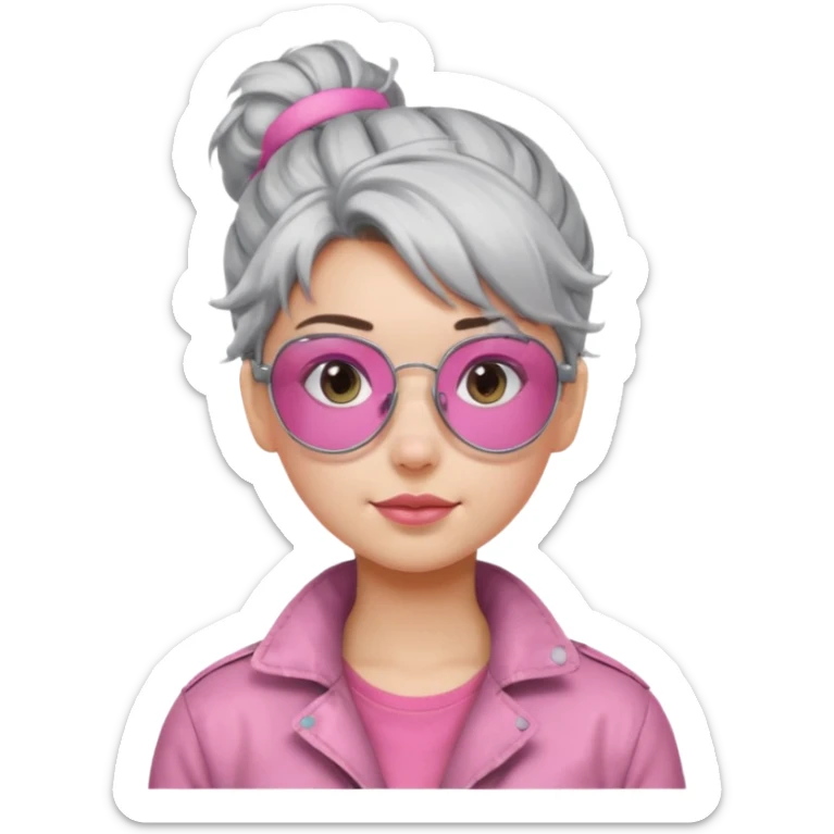 Girl with silver messy hair bun with pink aviator glasses sticker