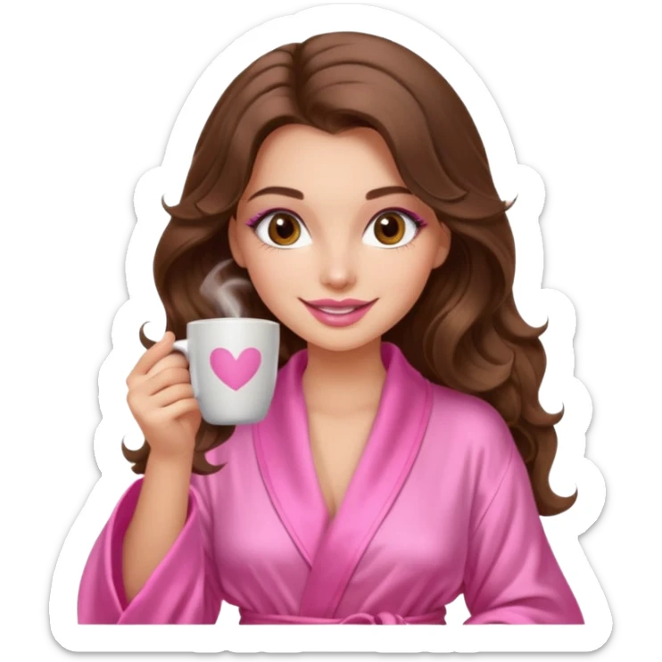 girl with long wavy brown hair, brown eyes, long lashes makeup, sexy pink lips, light to medium complexion, wearing a pink sexy silk top, smiling in a cozy pink robe drinking coffee sticker