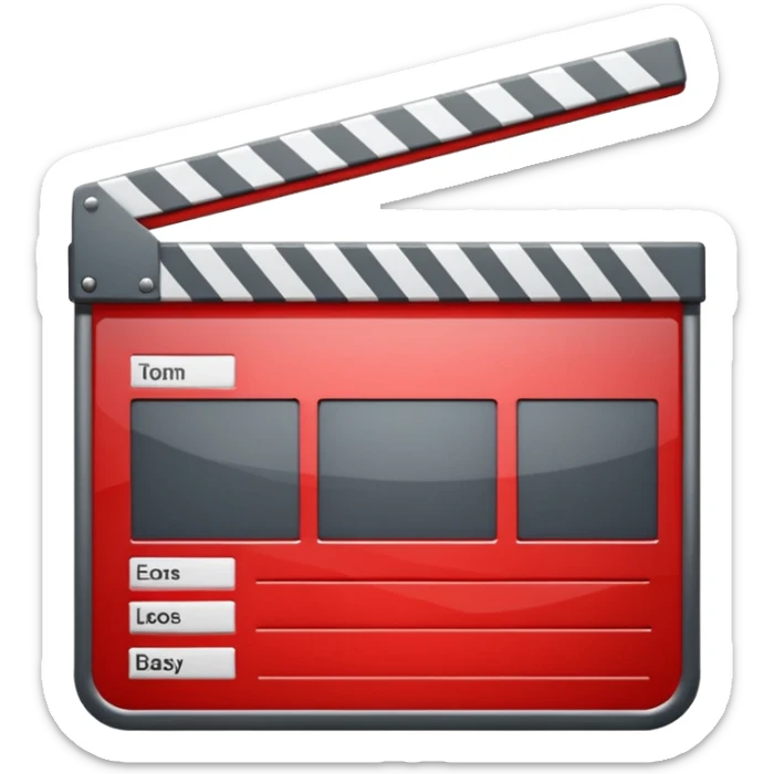Glossy bright red clapperboard in the classic style of Apple icons: the top bar is tilted up-left, the body and bar with a deep glossy glare, dark gray edging, black background inside, perfectly square with rounded corners. sticker