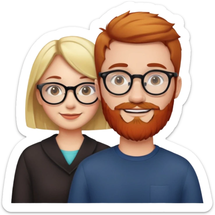 Girl with short dark brown hair and round glasses smiling next to man with blonde hair and red beard. sticker