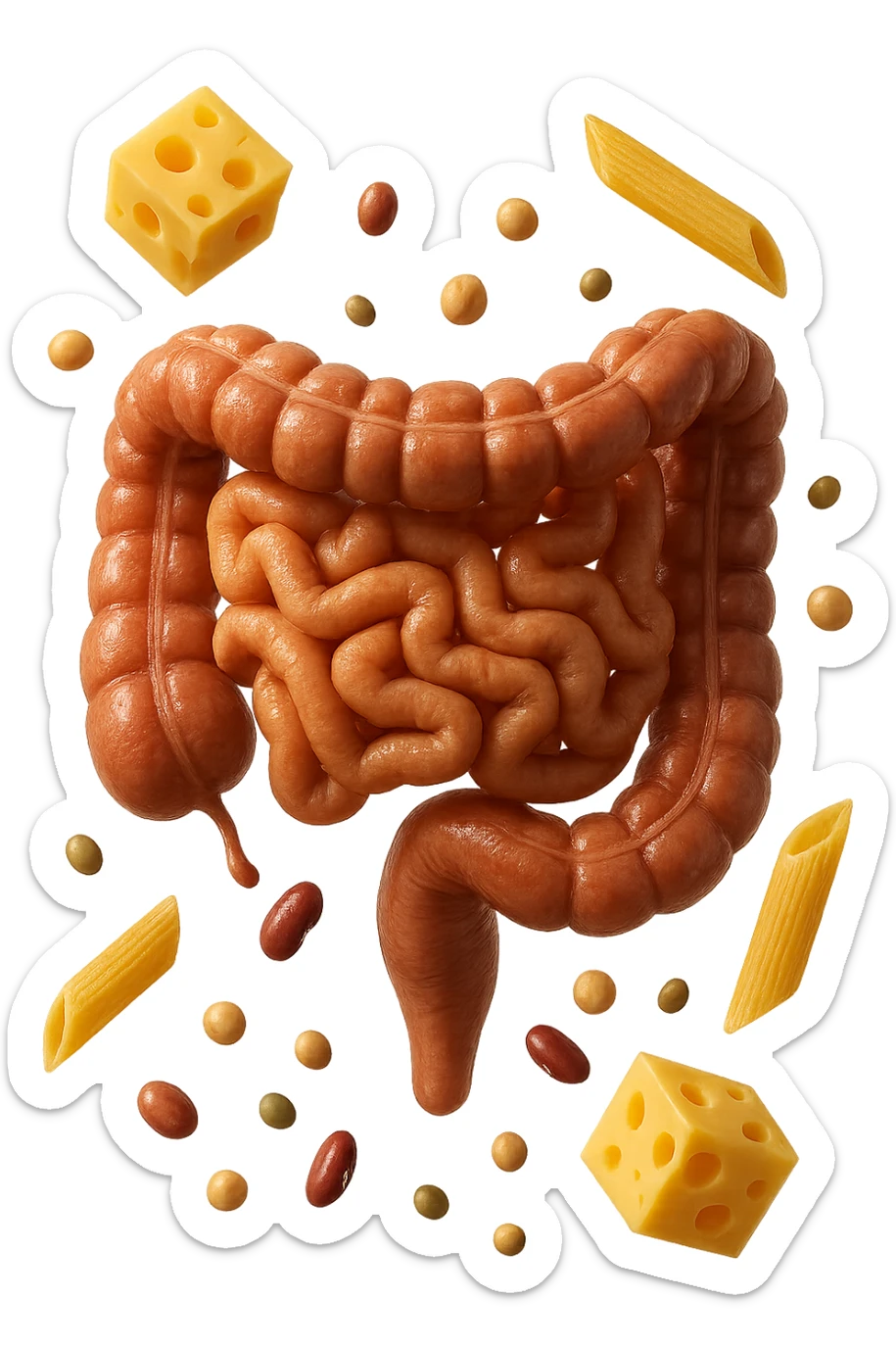 PEZZETTI DI EMMENTAL, PENNE DI PASTA RIGATE E LEGUMI FLUTTUANO INTORNO AD UN INTESTINO UMANO ANATOMICO REALISTICO, iperrealistico 4k sticker