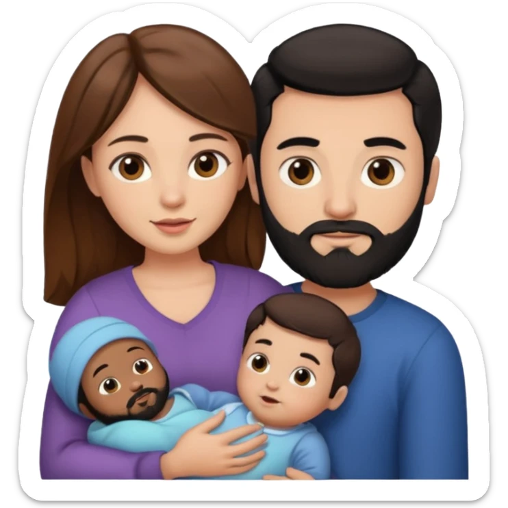 Una mujer con pelo castaño y ojos marrones  con un bebé y un hombre con pelo negro y barba sticker