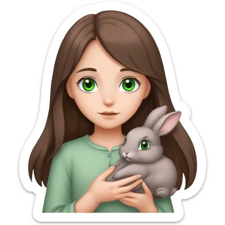 A grey, floppy eared bunny being held by a girl with long brown hair and green eyes. sticker