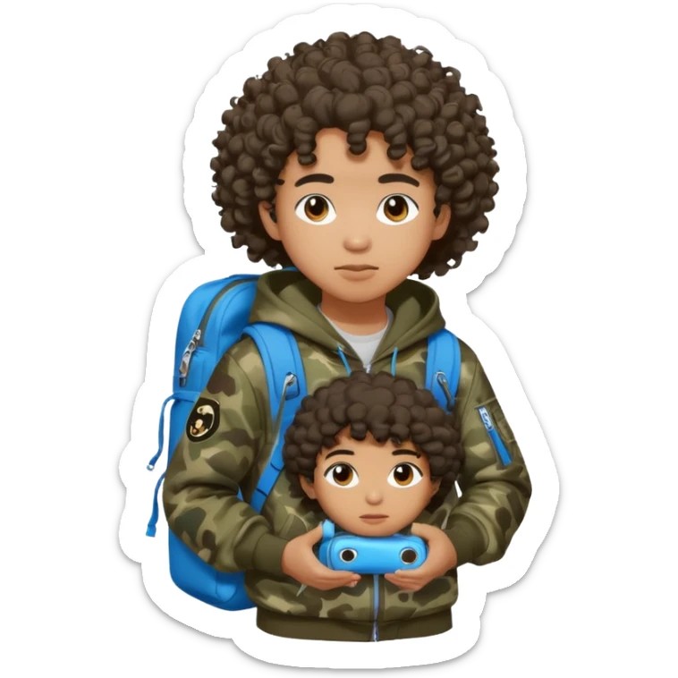 blasian teenager with curly hair, andbape hoodie and sprayground backpack sticker