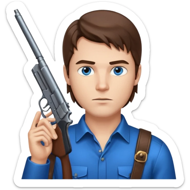 guy w medium long brown hair and blue eyes with gun pointed up at his chin sticker