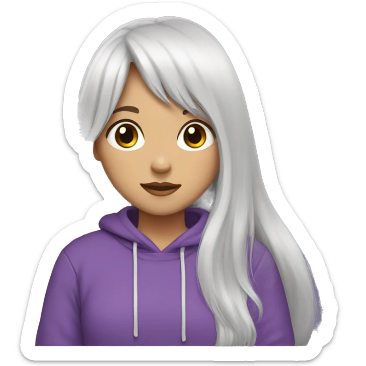a girl with long white hair with bangs, brown eyes, wearing a purple sweatshirt sticker