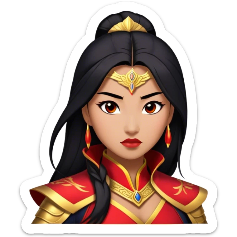 Cinematic Stunning Mulan Portrait Emoji, Fierce yet graceful, flowing raven-black hair, piercing brown eyes filled with determination, adorned in regal red and gold warrior attire, glowing with the strength and beauty of a true heroine, an elegant warrior in her prime! sticker
