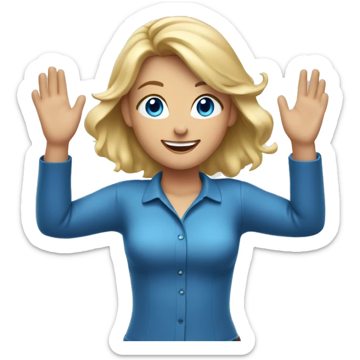 Blonde Girl with blue eyes with both hands in the air. Happy, frontal view above waist only. Enjoying sticker