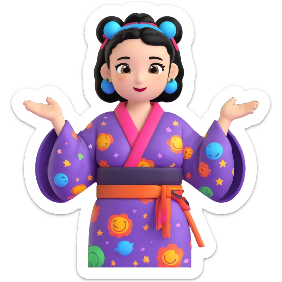 confident emoji character, black hair in big space buns, colorful kimono dress with belt, winged eyeliner, empowered smirk, expressive hand gesture, quirky and energetic vibe sticker