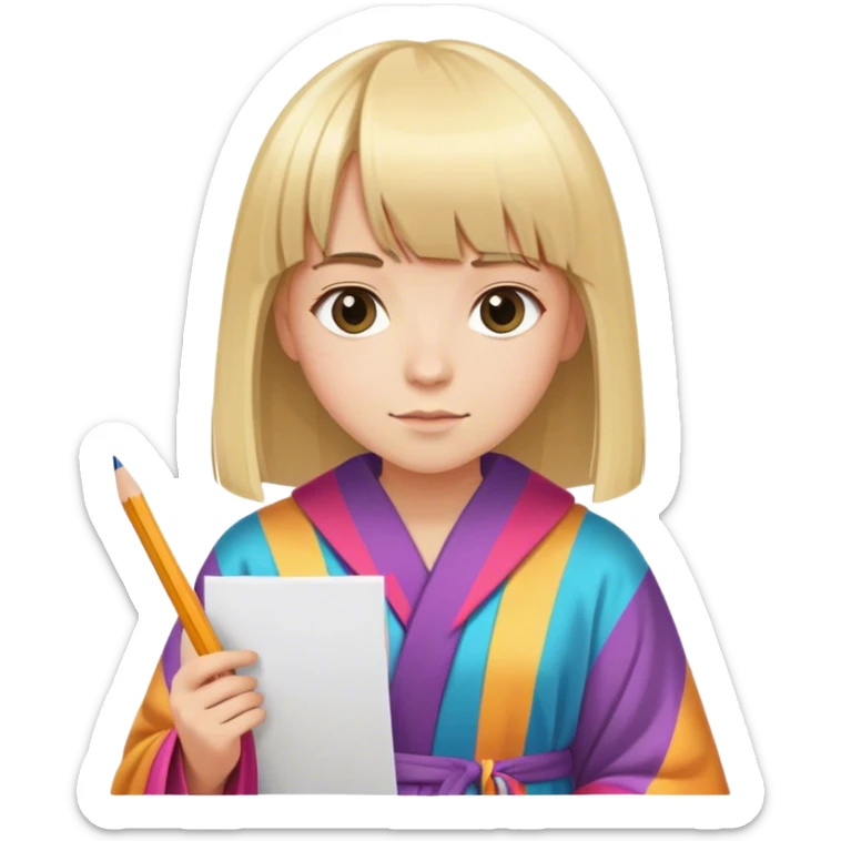 young very happy artist with straight blonde hair and bangs, with pencil ad paper and colorated robe sticker