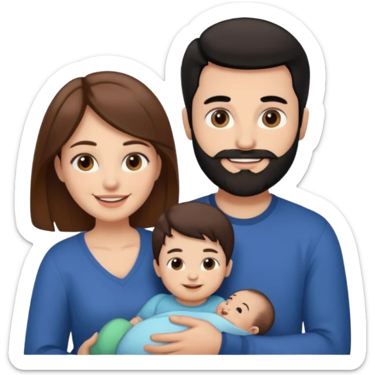 Una mujer con pelo castaño y ojos marrones y un hombre con pelo negro y barba y un bebe sticker