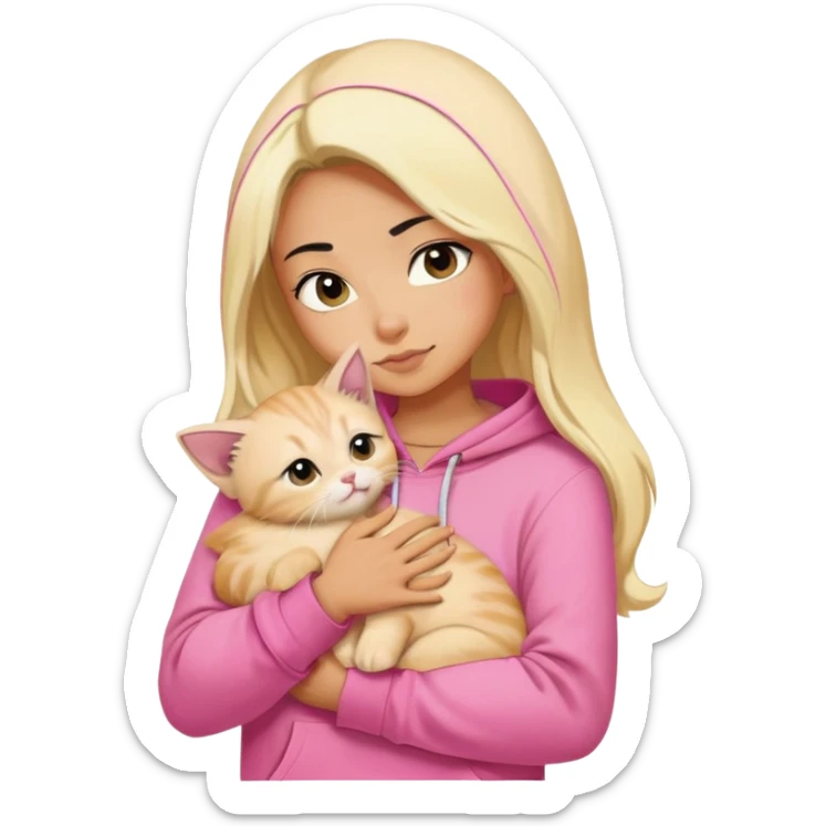 pretty woman wear pink hoodie and her hair is black..hugs a blonde kitten  sticker
