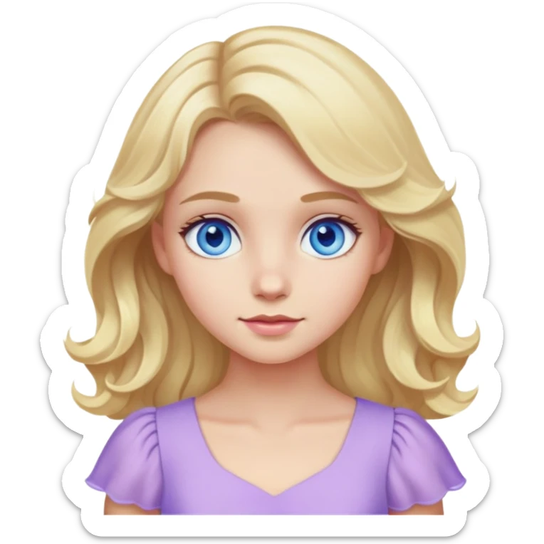 blonde girl with blue eyes and slight wavy hair wearing a lilac dress sticker