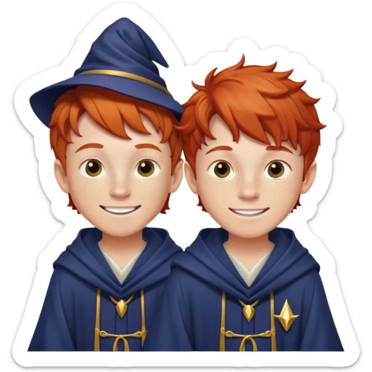 Two identical redheaded teenage boys with mischievous grins, freckles, and wizard robes sticker