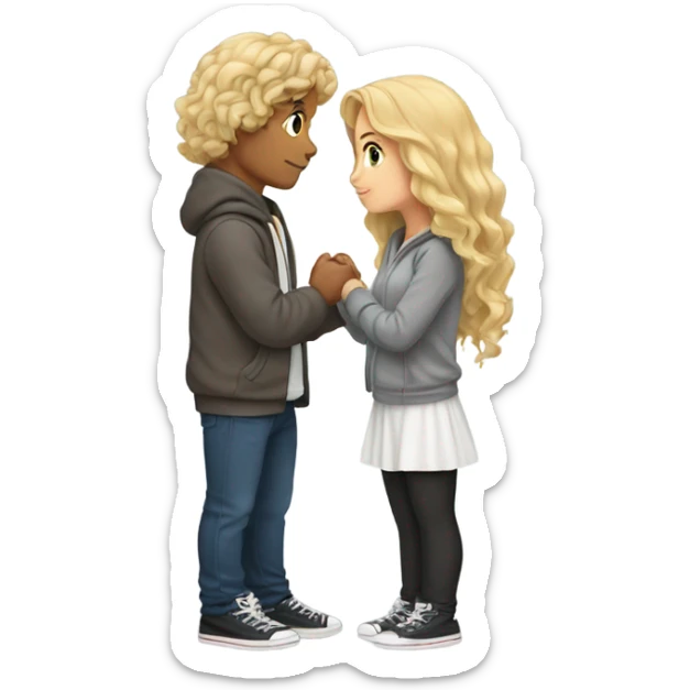 Make a kissing couple, a boy with wavy blonde hair having a middle part, wearing a grey hoodie and a girl with dark brown wavy hair wearing a white top with laces sticker
