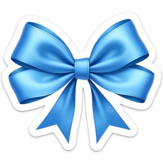 A beautifully tied blue ribbon bow, highly detailed, with a silky and elegant texture, set against a clean, minimalistic background. The ribbon has a soft shine, reflecting light gently, giving it a luxurious and realistic appearance. The bow is symmetrical and well-crafted, with smooth curves and flowing tails sticker