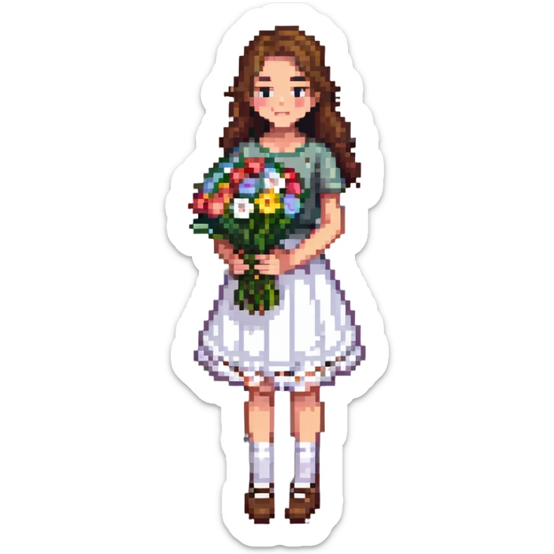 girl with brown hair wearing a white skirt holding a bouquet of flowers sticker