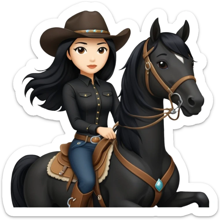 confident Asian woman with long black hair wearing black outfit riding a horse cowgirl style sticker