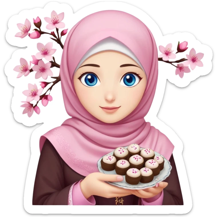 Turkish beautiful finish Konya girl blue eyes with cherry blossom hijab islamic dress and had on her hand text Eid Mubarak with sweets and celebrating with her friends eid days   sticker