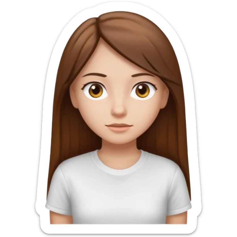 Chica de pelo liso ,largo y marrón con ojos color marrón claro y una camiseta blanca y la piel blanca sticker