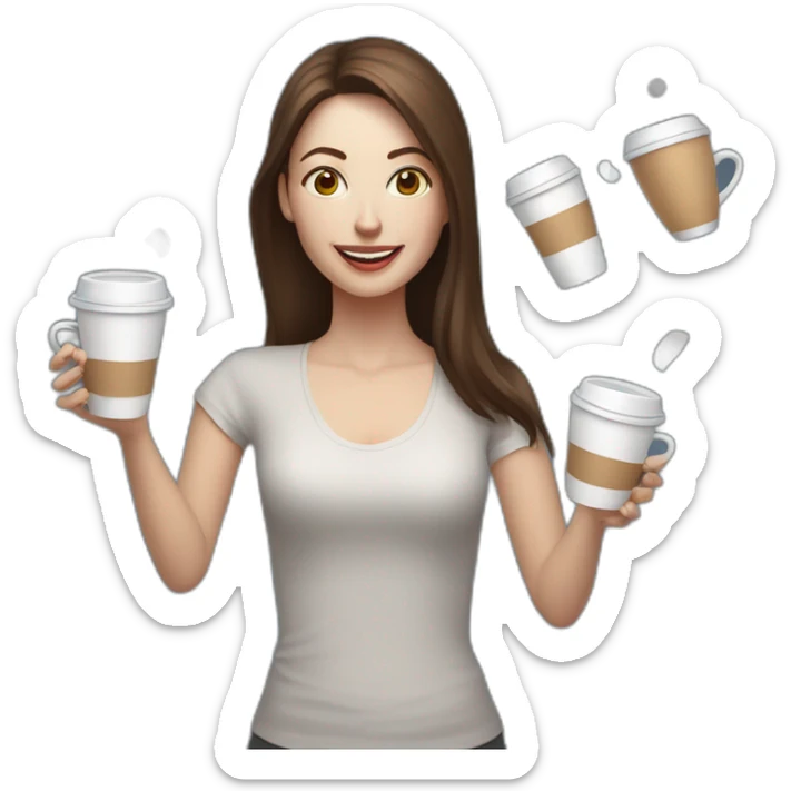 woman juggler with long straight brown hair and pale skin juggling three coffee cups and two miniature laptops in the air sticker