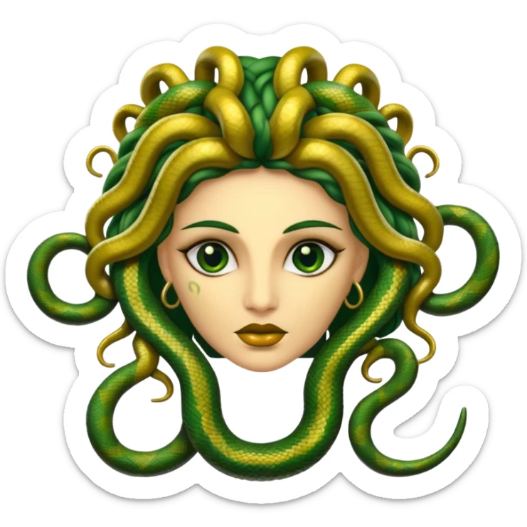The Sicilian Medusa in gold and green and make the snake hair have snake faces  sticker