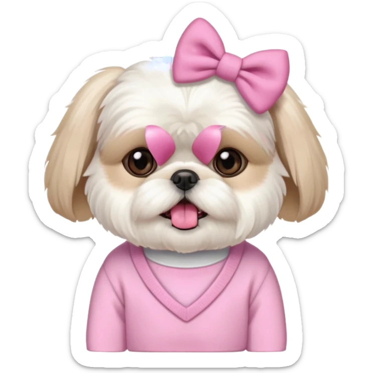 little all white shih tzu with pink bows & sweater tongue sticking out sticker