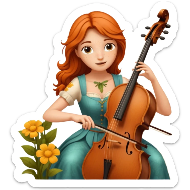 nature bard woman with freckles playing wooden cello among flowers sticker