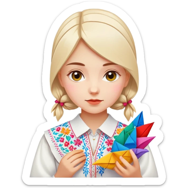 Ukrainian young girl in a white embroidered traditional shirt (vyshyvanka) holding colorful origami sticker