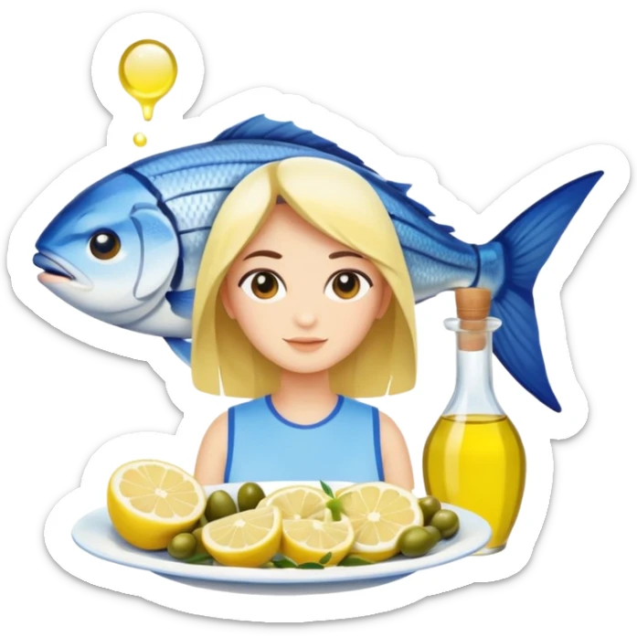 Mediterranean cuisine avatar in clean emoji-style illustration. Olive oil, fish, lemon, blue and sunny colors, light and fresh mood, flat design, high contrast. sticker