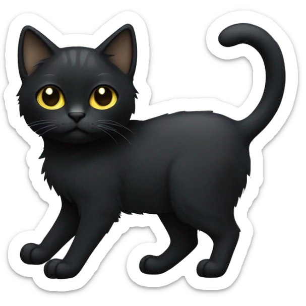 Full-body of a petite, solid black-furred cat with light yellow eyes, short fur, and small pointed ear tufts that blend into the black fur on the tips of its ears sticker