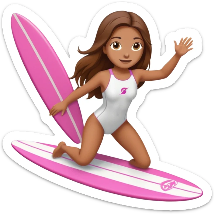 Girl with long brown hair surfing at pink short board in the white swimsuit  sticker