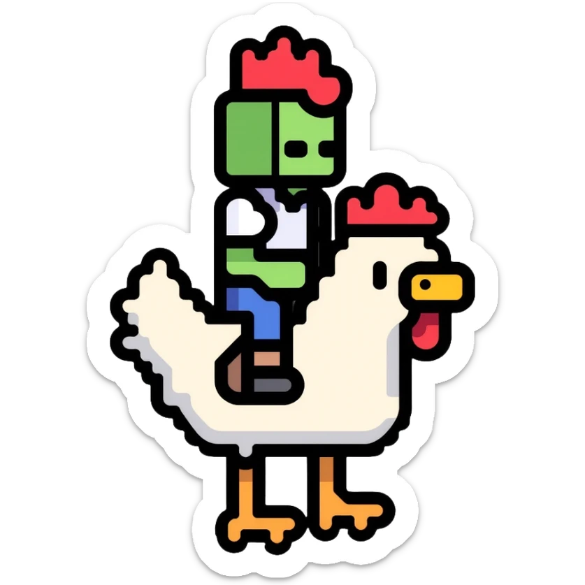 Minecraft chicken jockey - a small pixelated baby zombie riding on top of a white chicken, blocky style sticker