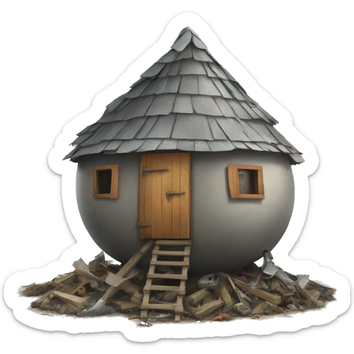 junk heap of a round house with four metal chicken legs underneath  sticker