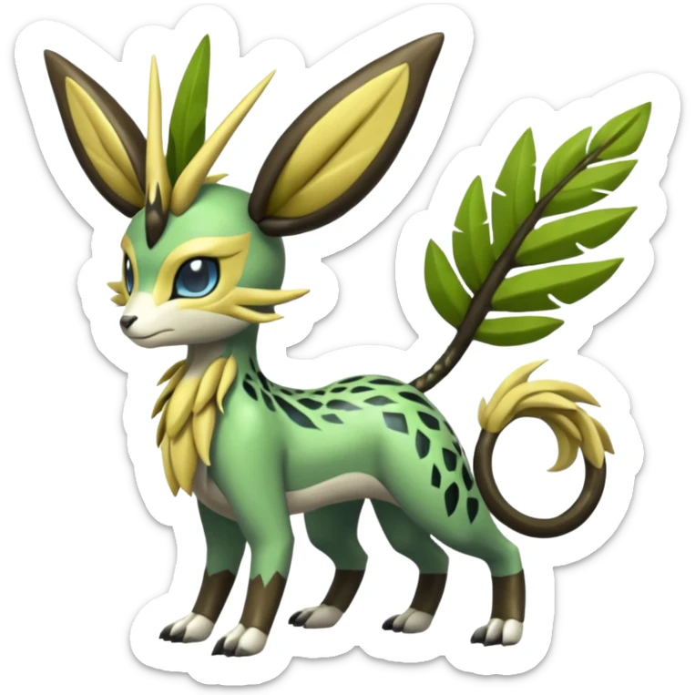  Exotic Tropical Feathery Leathery Scaly Planty Meloetta-Zygarde-Zeraora-Renamon-Protogen-Palkia-hybrid-fusion-Fakémon-creature, full body sticker