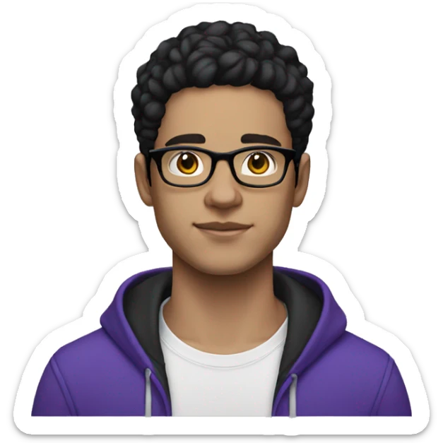 23 year old man white skin, glasses black hair, violet hoodie sticker