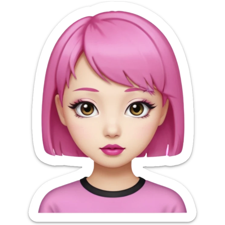 An Asian girl with Fashion pink short hair, big eyes, thick eyebrows, and long eyelashes;  sticker