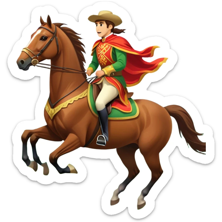 An icon showcasing a majestic horse and rider in full gallop across a lush green field. The background features a clear sky, distant mountains, and a vibrant landscape. The rider wears traditional gear, while the horse leaps with grace and power.  sticker