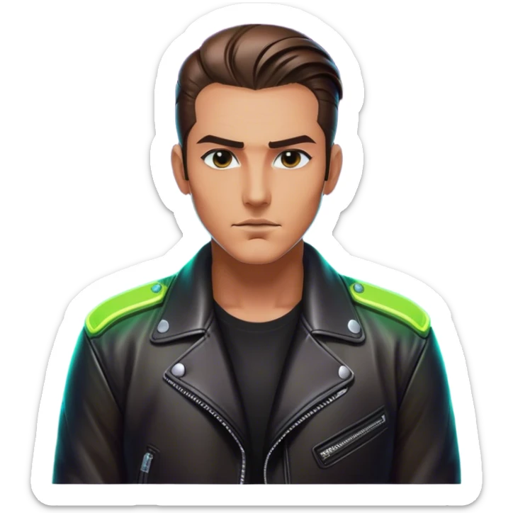 A lone biker with slicked-back hair, wearing a leather jacket, his face partially lit by neon lights sticker