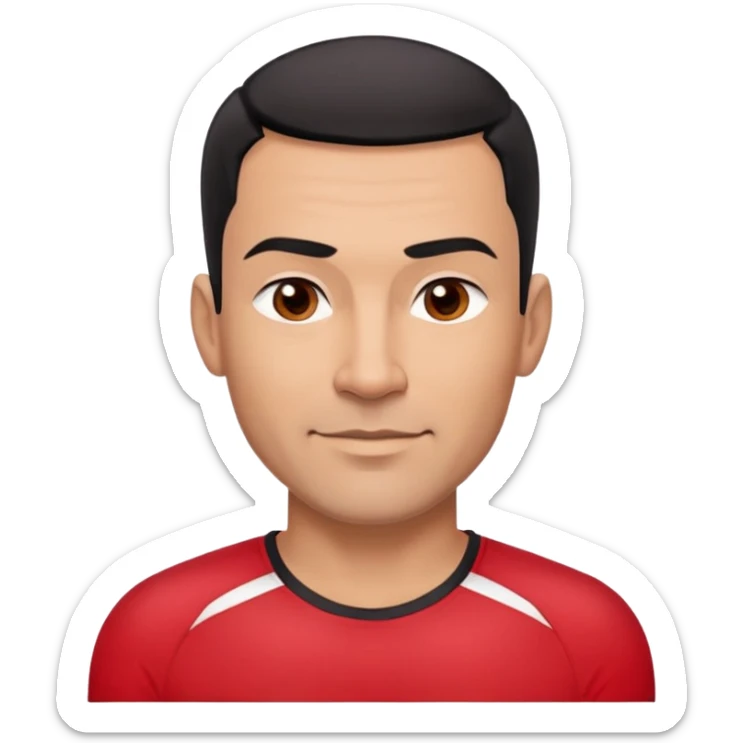 Robust athletic man in his 40s with light brown skin tone, very short black hair with modern fade haircut, strong square face with pronounced cheekbones, thick eyebrows, wide nose, medium lips with friendly smile, wearing red fitted athletic shirt sticker