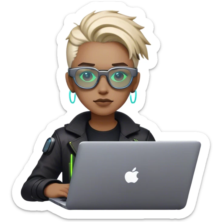 An emoji of a person with a laptop, but wearing cyberpunk glasses and with a slight neon glow sticker