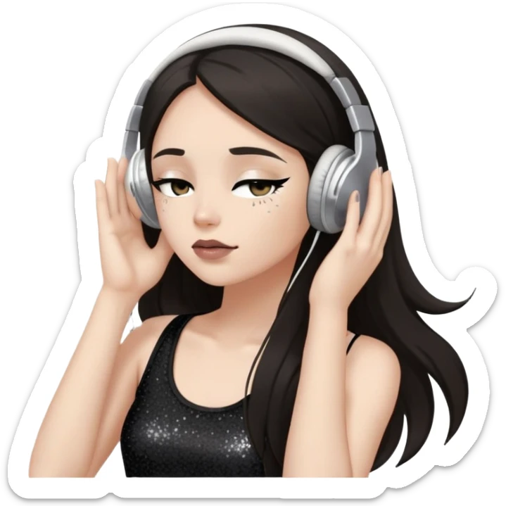 Girl with long dark hair, fair skin tone, wearing a black tank top, has glitter on her eyelids, and taupe lipstick, wearing white headphones, her hands are on her ears, and her eyes are slightly close sticker