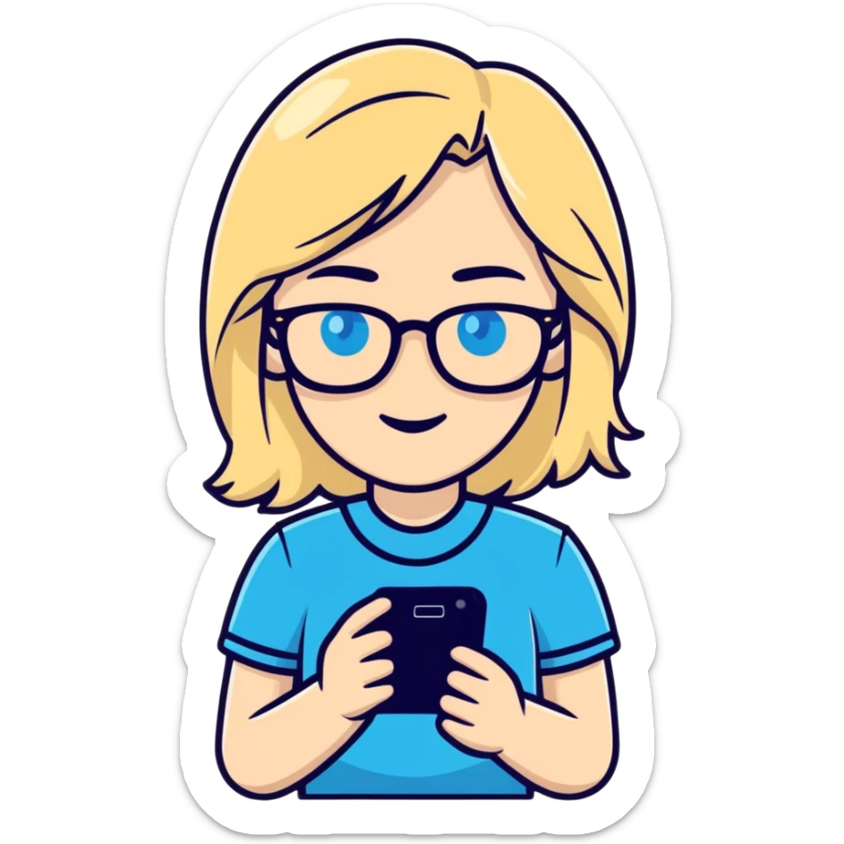 ￼ a white woman with blonde hair, blue eyes and glasses holding a phone sticker